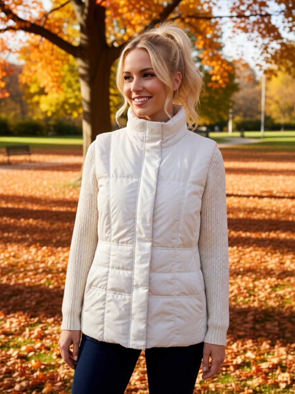 Eddie Bauer Cream Quilted Puffer Vest Sleeveless High Collar, Premium Goose Down